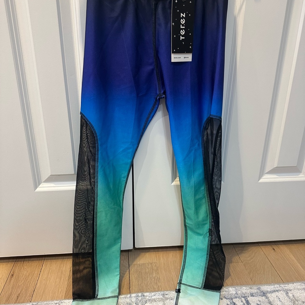 Terez Kids Blue to Teal Ombre Leggings with Black Mesh Panels